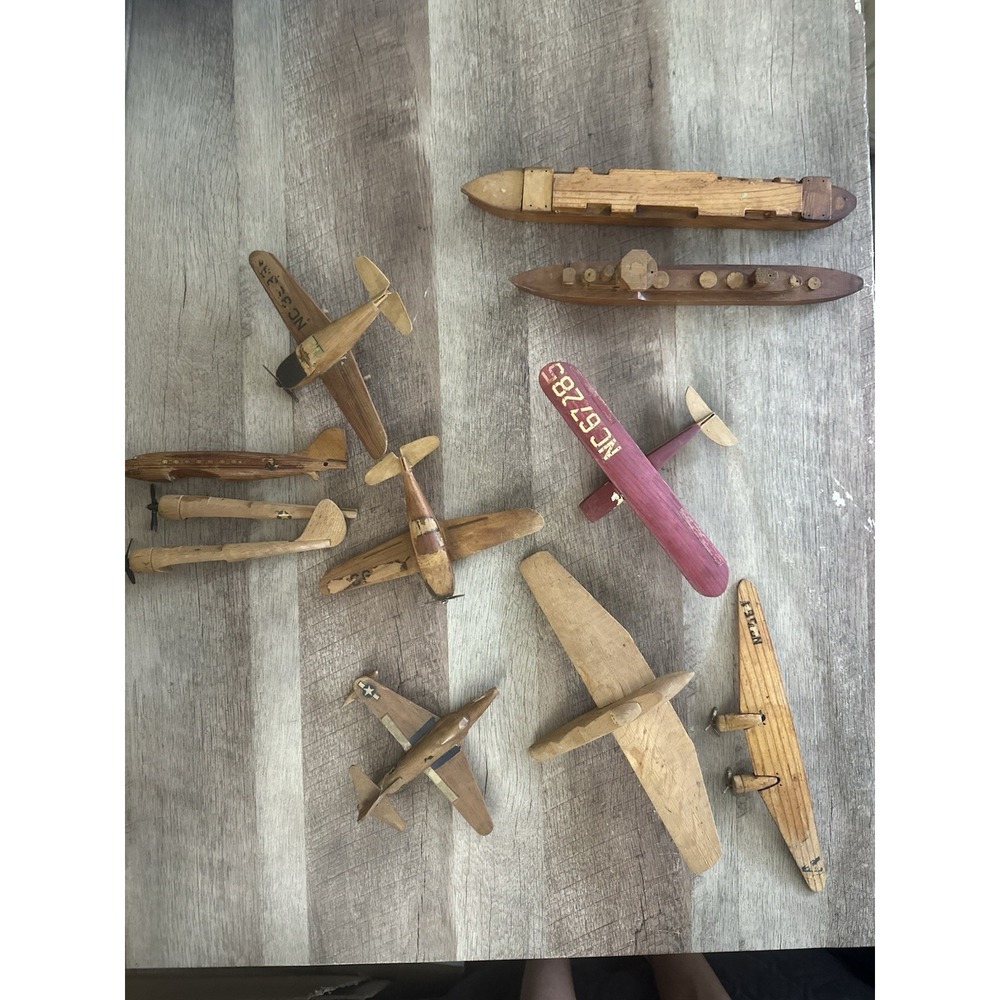 Lot of 8 Vintage Handmade Wooden Models 6 Airplanes 2 Boats Folk Art AS IS